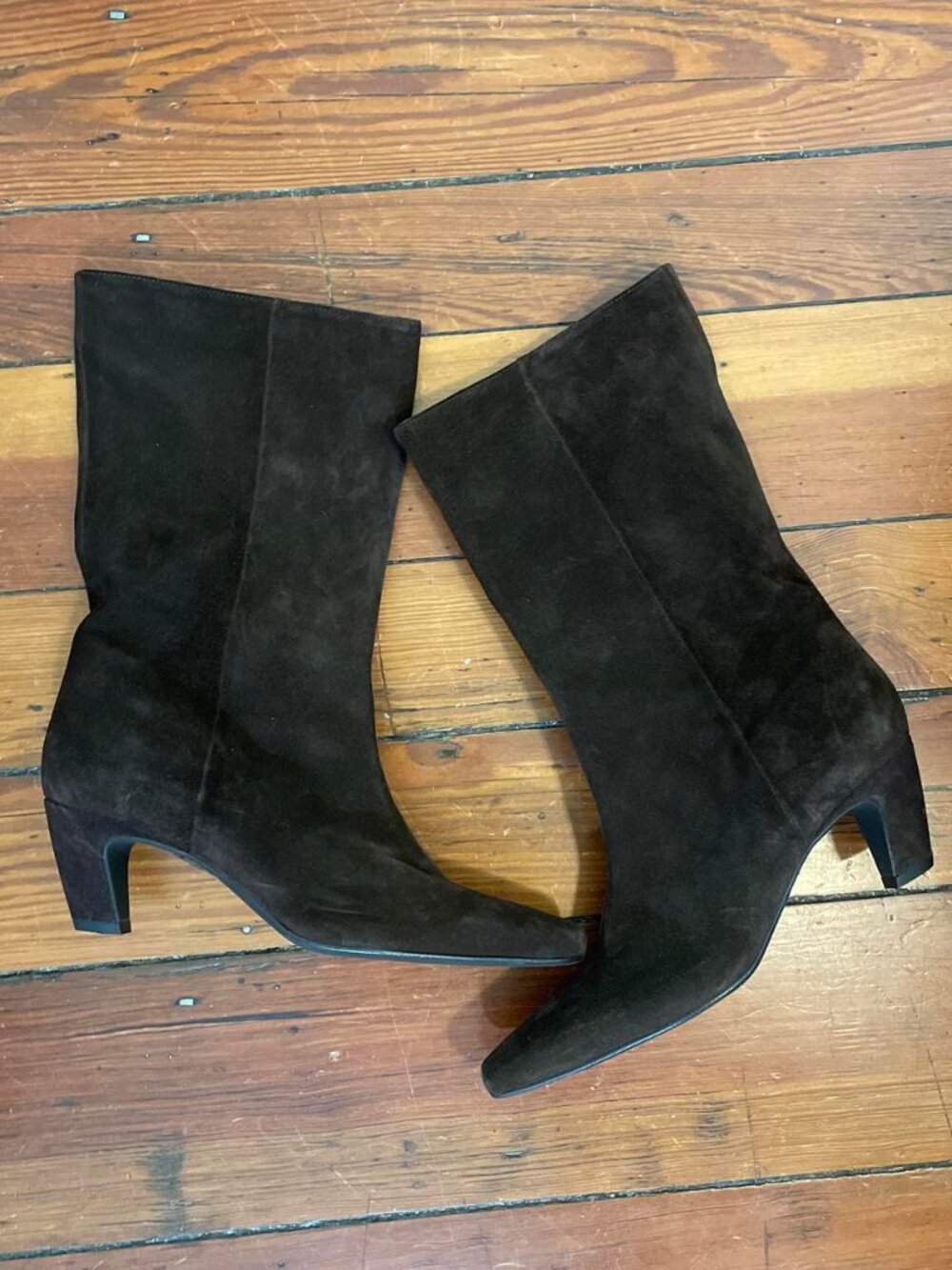 Anthropologie Maeve Brown Suede Square Toe Boots